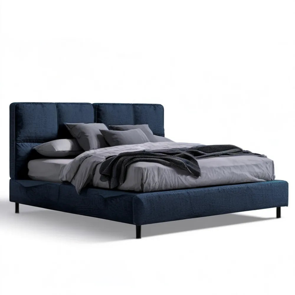 Granatowe łóżko tapicerowane welurem 160 x 200 cm ze stelażem i czarnymi nogami