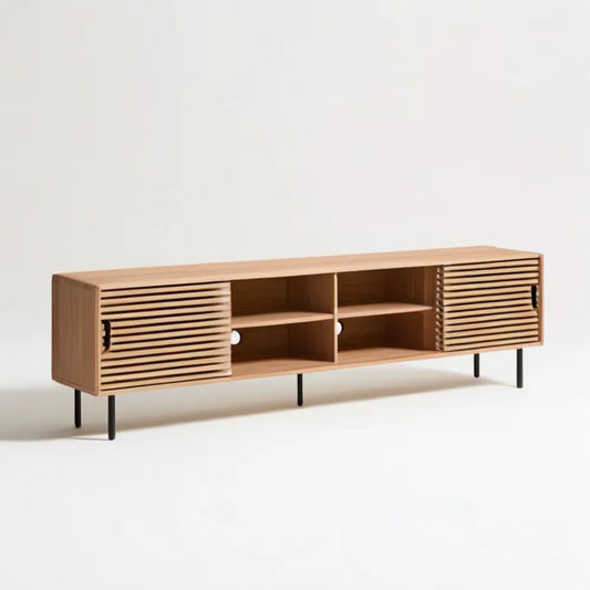 Szafka RTV z MDF w dekorze jasnego dębu, 180 x 40 x 55 cm, z 2 przesuwnymi drzwiami lamelowymi