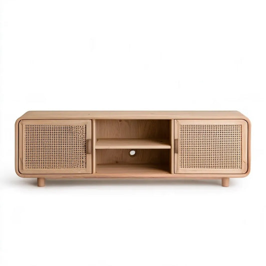 Szafka RTV z fornirem dębowym i frontami rattanowymi, naturalny dąb, 150 x 40 x 50 cm