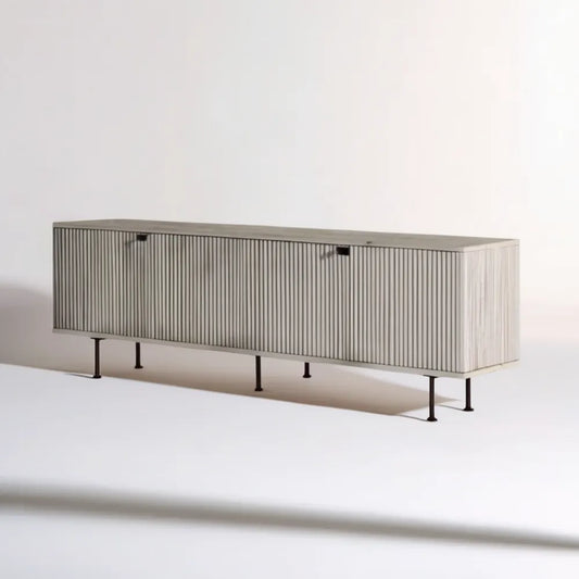 Szara ryflowana szafka RTV z MDF na czarnych stalowych nogach 180 x 40 x 65 cm