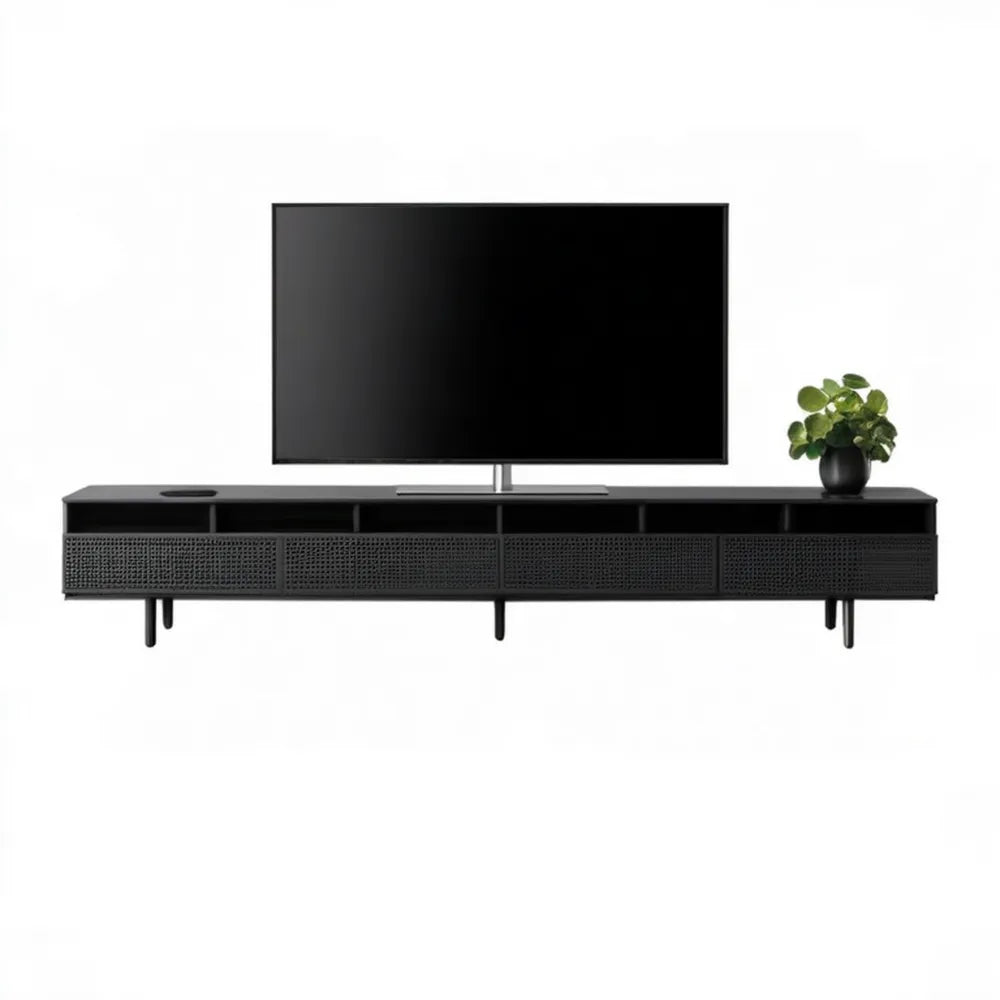 Czarna szafka RTV z MDF 180 x 40 x 50 cm z 4 drzwiami i 4 otwartymi wnękami