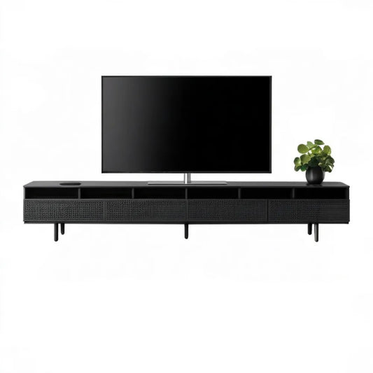 Czarna szafka RTV z MDF 180 x 40 x 50 cm z 4 drzwiami i 4 otwartymi wnękami